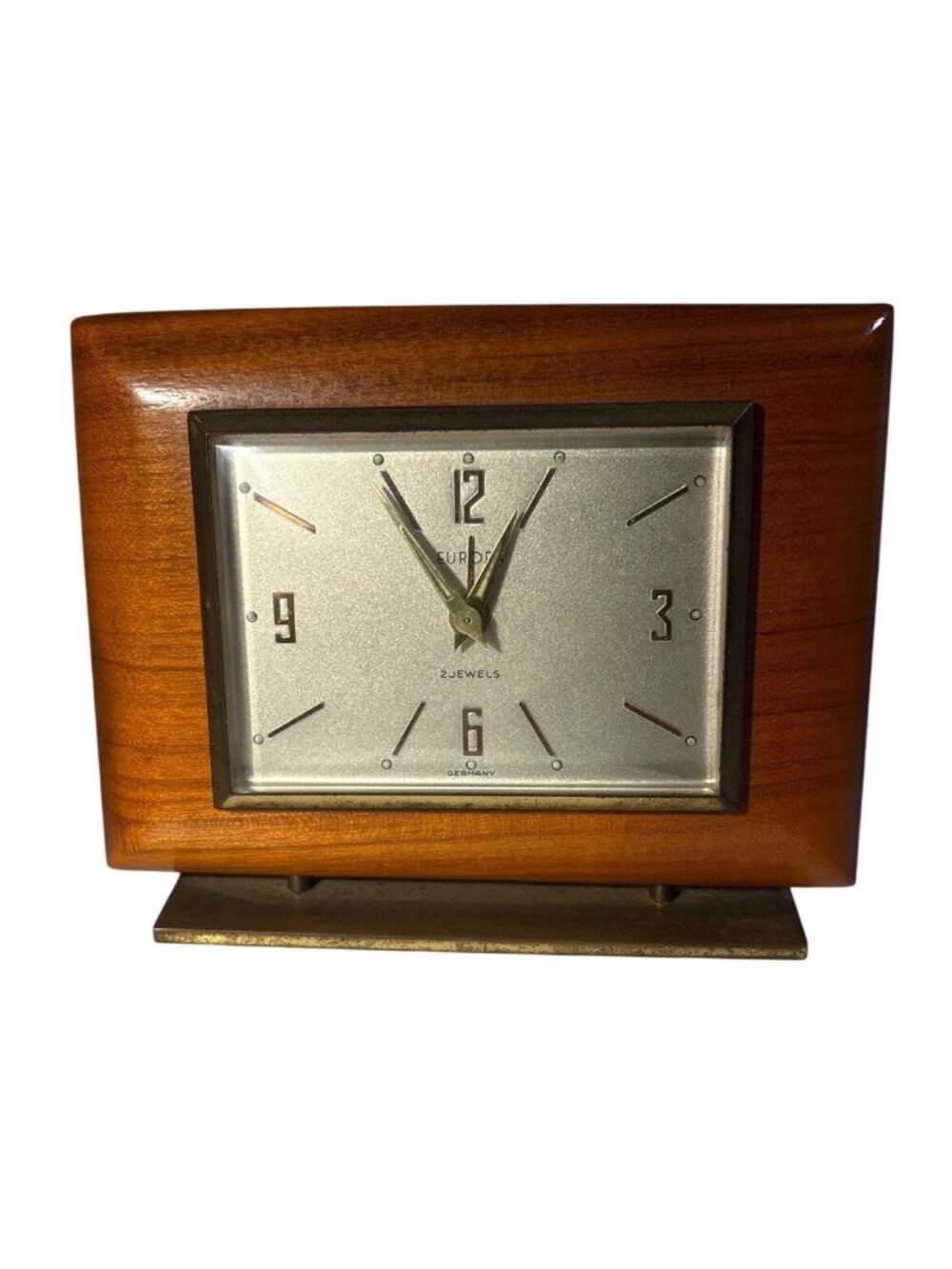 Vintage Eurotia Germany Wooden Mantel Alarm Clock With Brass Accents And 2 Jewel